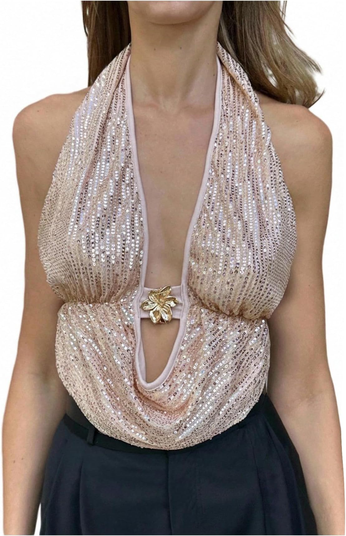 Women's Sparkly Sequin Draped Halter Tops Tie Backless Glitter Date Night Tank Tops