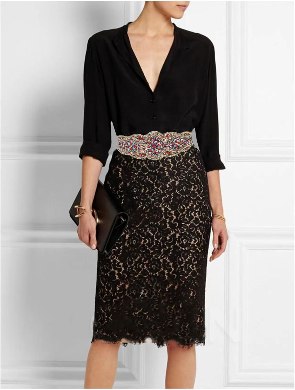 Women's belt wide stretch beaded national style retro Bohemian dress color waist cover