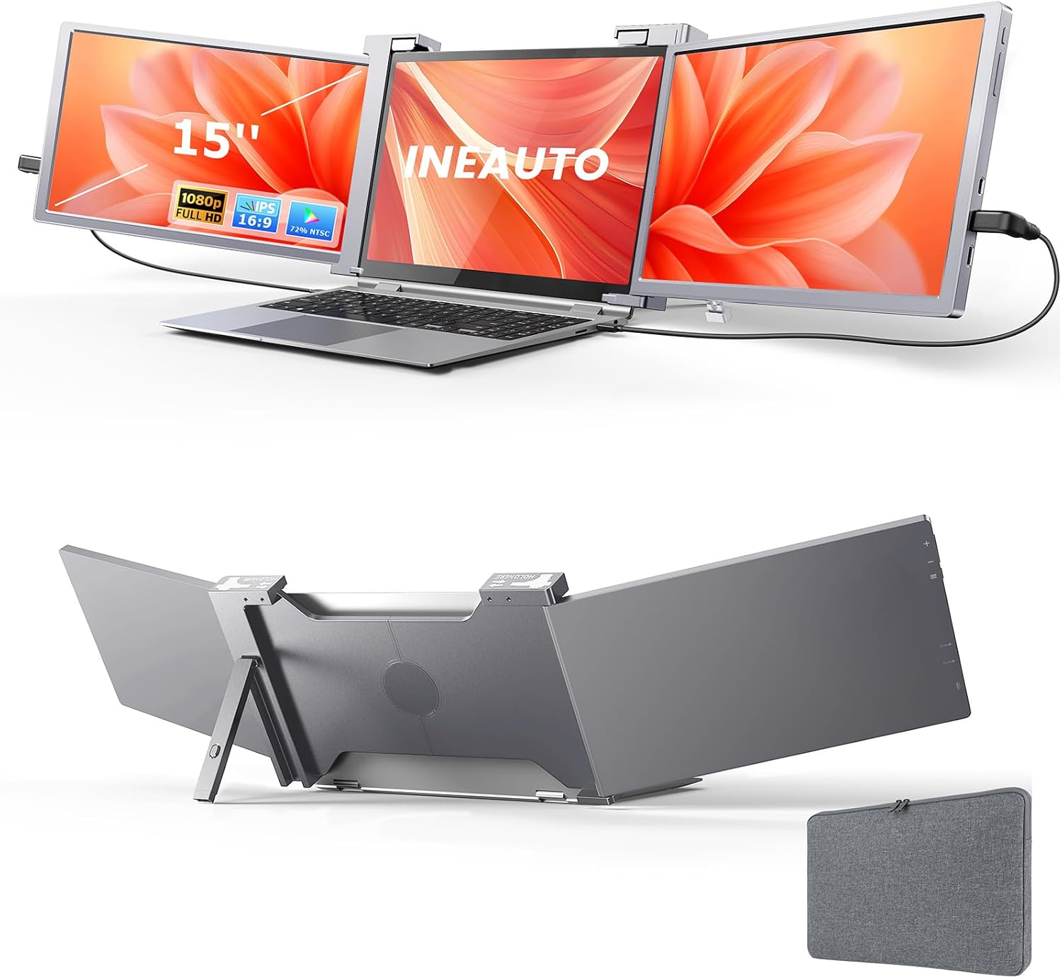 15' Laptop Screen Extender, 1080P FHD Ultra-Thin Portable Monitor for 15"-17" Laptop with USB-C/HDMI Port, Plug and Play, for Mac/Windows/Android, Triple Screen Ideal for Remote Work & Multitasking