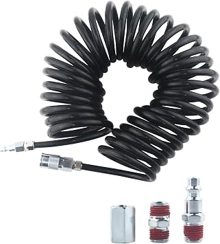 1/4 in x 30 ft Polyurethane Recoil Air Hose with Bend Restrictors, Compressor Hose with 1/4 Quick Coupler and PlugBlack