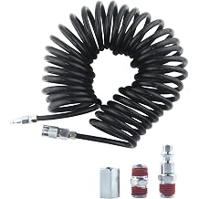1/4 in x 30 ft Polyurethane Recoil Air Hose with Bend Restrictors, Compressor Hose with 1/4 Quick Coupler and PlugBlack