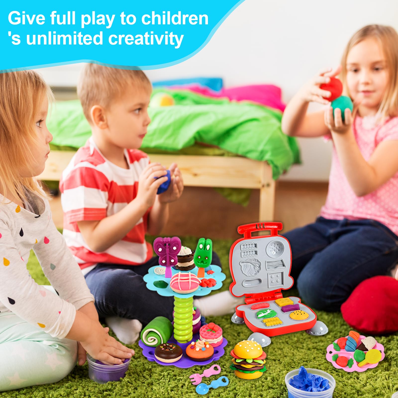 UCAMP 65 pièces Pâte À Modeler pour Enfants,Accessoires pour Créer des Hamburgers et des Pizza,Outils de Pâte À Modeler Créatif Accessoire avec 12 Pots de Pate a Modeler Cadeau de Jouet Enfan 2+ Ans