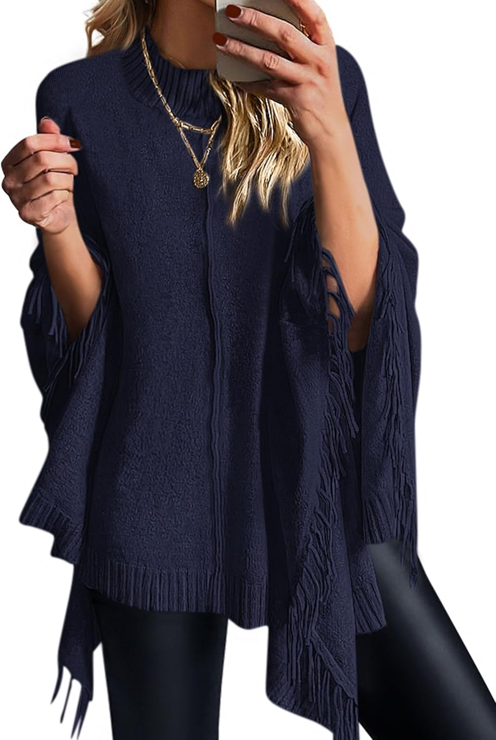 PRETTYGARDEN Women's 2025 Fall Winter Poncho Sweaters Trendy Chunky Knit Fringe Shawls Wraps Pullover Tops Holiday Outfits