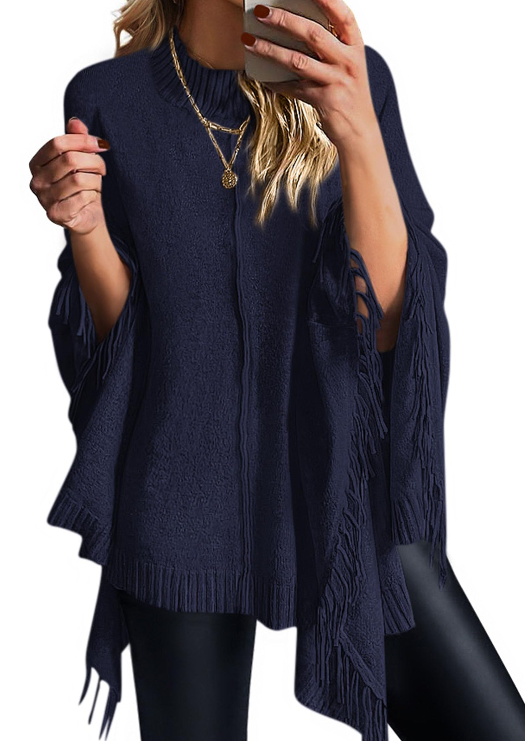 PRETTYGARDEN Womens 2025 Fall Winter Poncho Sweaters Trendy Chunky Knit Fringe Shawls Wraps Pullover Tops Holiday Outfits