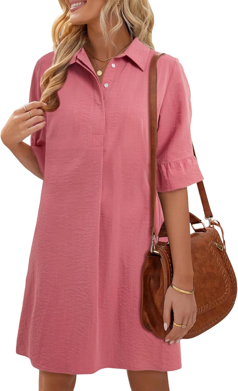 HUHOT Womens Casual Shirt Dress Business Work Ruffle Sleeve Button Down Solid Color Summer Dress with Pockets