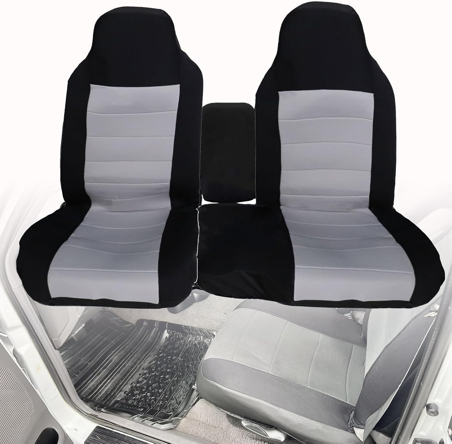Priprilod 2Pcs Black & Gray Cloth Front Drive and Passenger 60/40 High Back Bench Seat Cover Compatible with Ford Ranger 2004 2005 2006 2007 2008 2009 2010 2011 2012 (Without Console Sleeve)