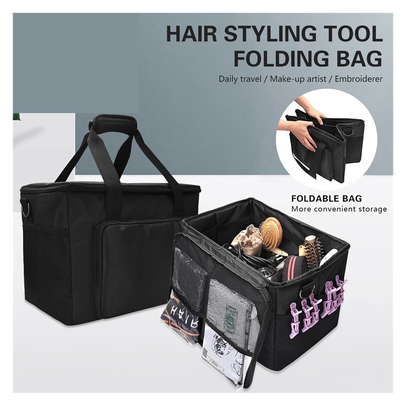 Malette Outils Coiffure Sac à Outils de Coiffure Pliable, Coiffeur Professionnel, Mallette de Rangement de Grande capacité, Salon de Coiffure, Outils et Accessoires