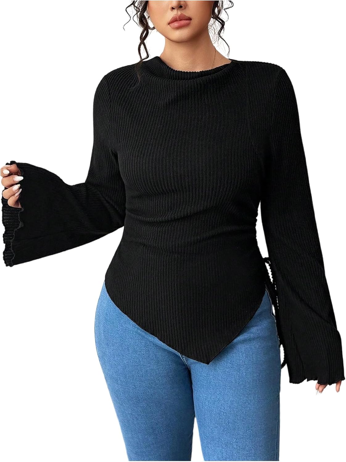 Women's Plus Size Long Bell Sleeve Shirts Ribbed Knit Fall Tops Drawstring Side Cowl Neck Elegant T Shirts