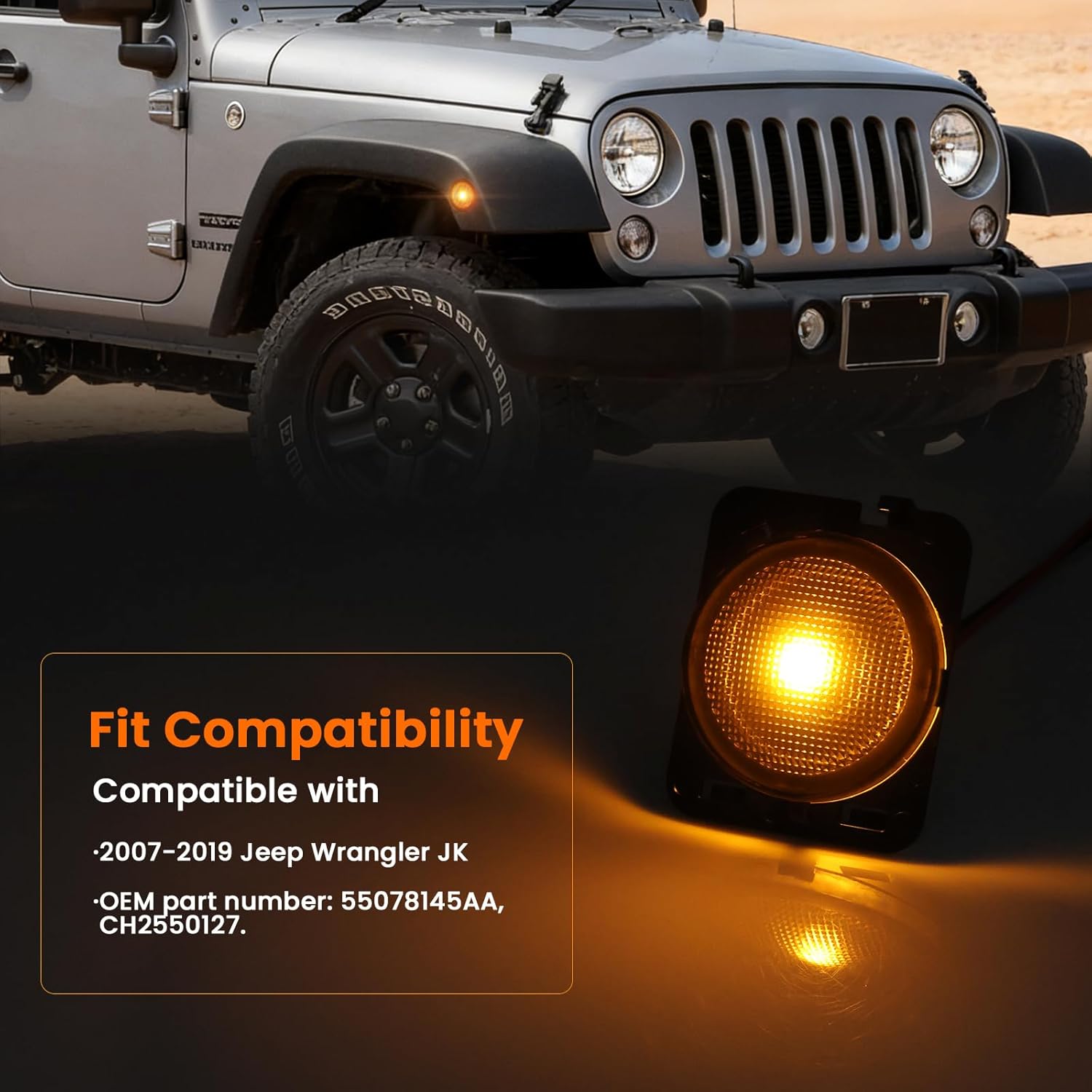 YCLL 2PCS Front Fender LED Side Marker Lights Compatible with 2007-2019 Jee'p Wrangler JK Side Marker Light, Smoked Lens Amber Wrangler Fender Lights, Marker Light with Housing Sockets & 2X T10 Bulbs