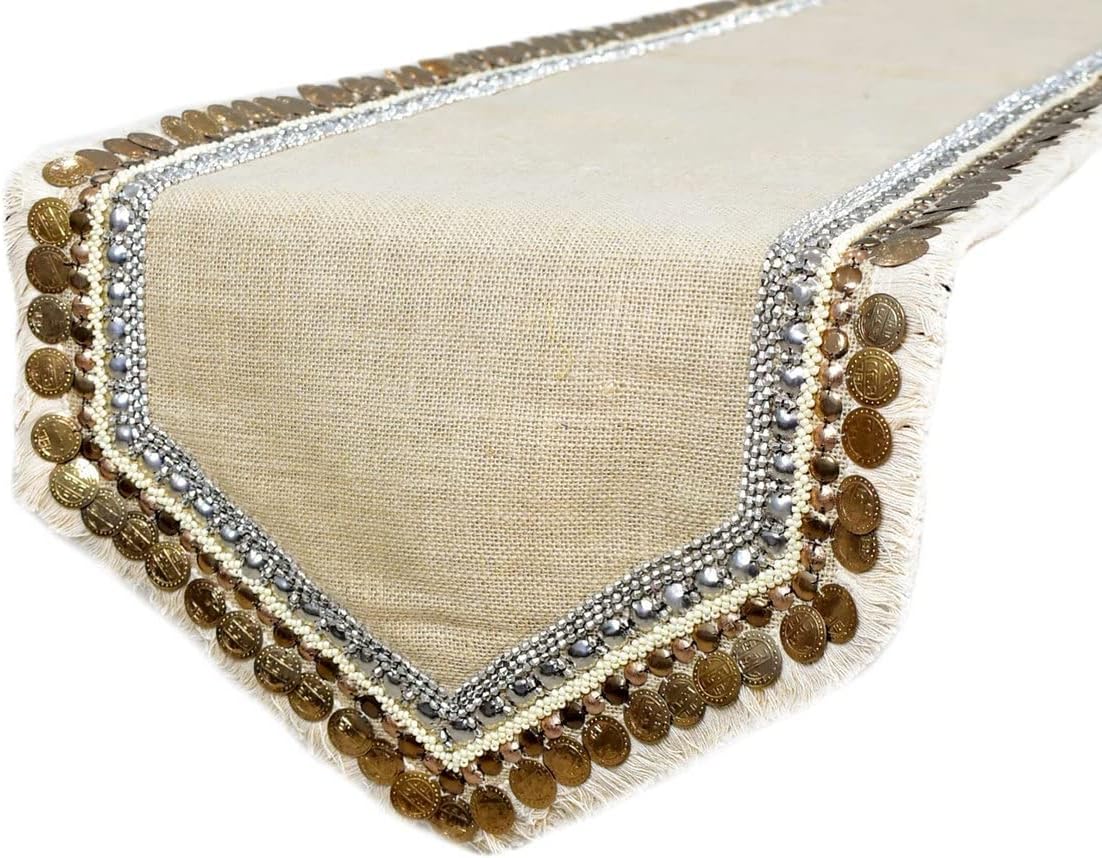 The HomeCentric Decorative Beige 4 Seater Table Runner (14 x 48 inch), Lace, Bead, Sequins, Burlap, Embroidered & Moroccan, Burlap Fabric Table Linen, Bordered Pattern Contemporary Style - Marima