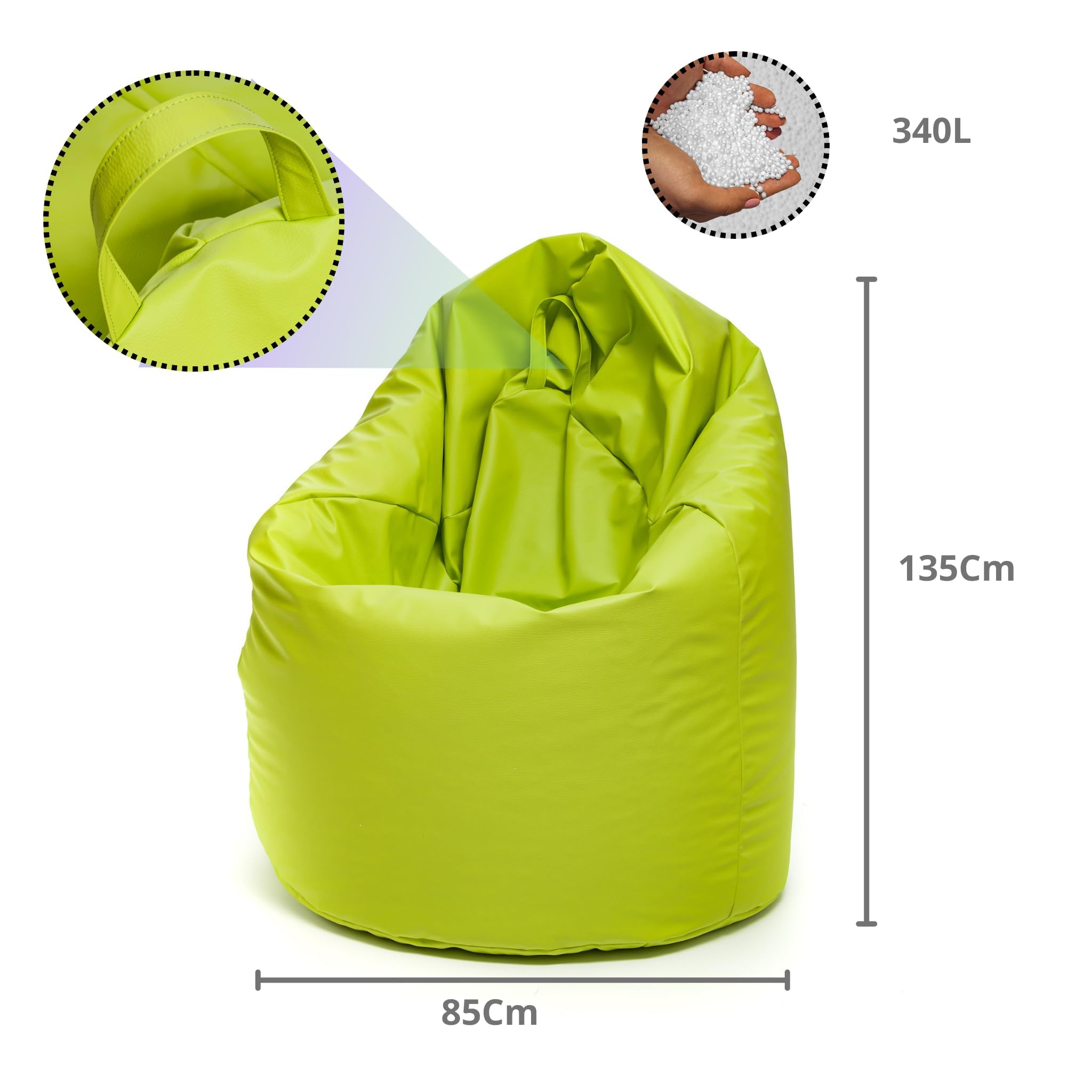 Pouf Poltrona Sacco In Ecopelle | Imbottitura Perle Di Polistirolo, 80x110 Cm | Doppia Zip Antiperdita, Facile Da Pulire