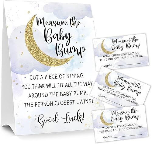 Letrero de Baby Shower Games Measure the Baby Bump, How Big is Mommy's Belly Party Favors, cartel de pie Kraft de 5 x 7 pulgadas y 50 tarjetas de
