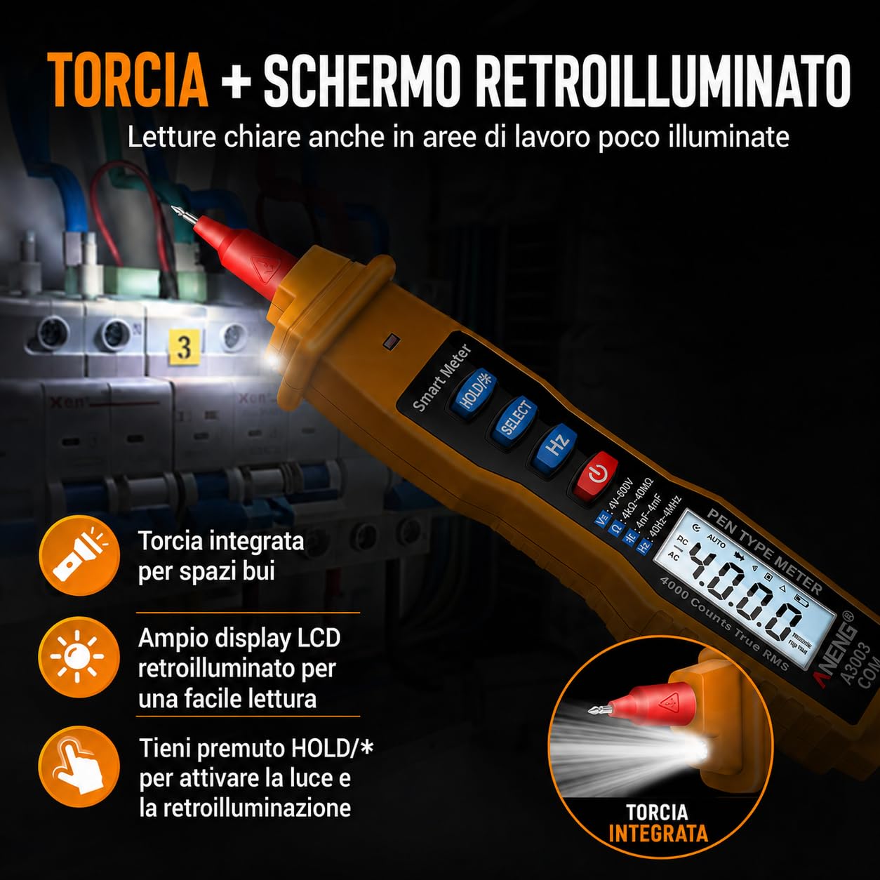VOBOR Tester di Tensione Senza Contatto, Misura Tensione AC/DC, Resistenza, Diodo, Continuità, Rilevamento Filo Vivo/Nullo, Penna Multimetro Digitale con Retroilluminazione e Torcia