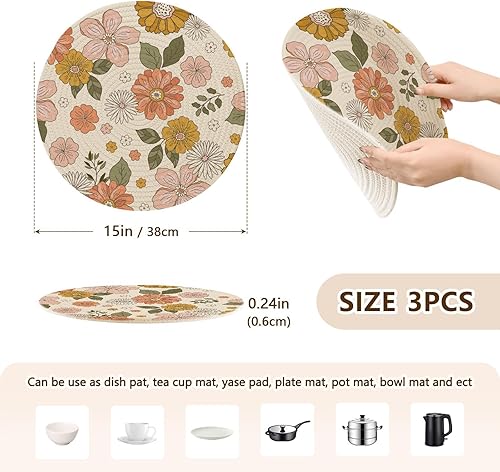 Miniatura 2 de 3 Pcs Kitchen Trivet Mat Retro Boho Flower for Hot Pots and Pans 15in Cotton Thread Weave Absorb Water Pot Holder for Stove Home Necessities