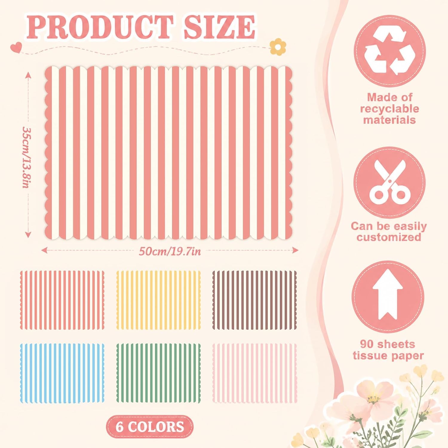 Whaline 90 Sheet Striped Tissue Paper Gift Wrapping Paper Scalloped Colored