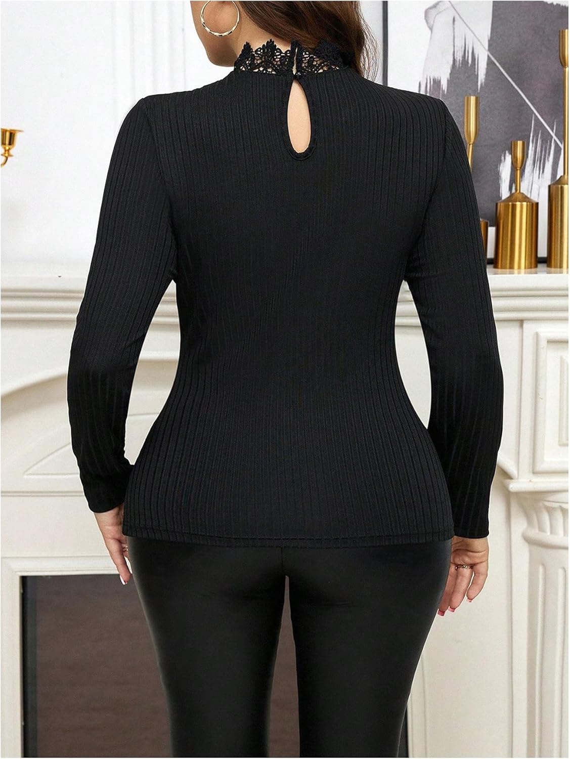 GORGLITTER Women's Plus Size Tops Y2K Lace Long Sleeve Mock Neck Embroidered Shirts Dressy Tops Casual - Image 2