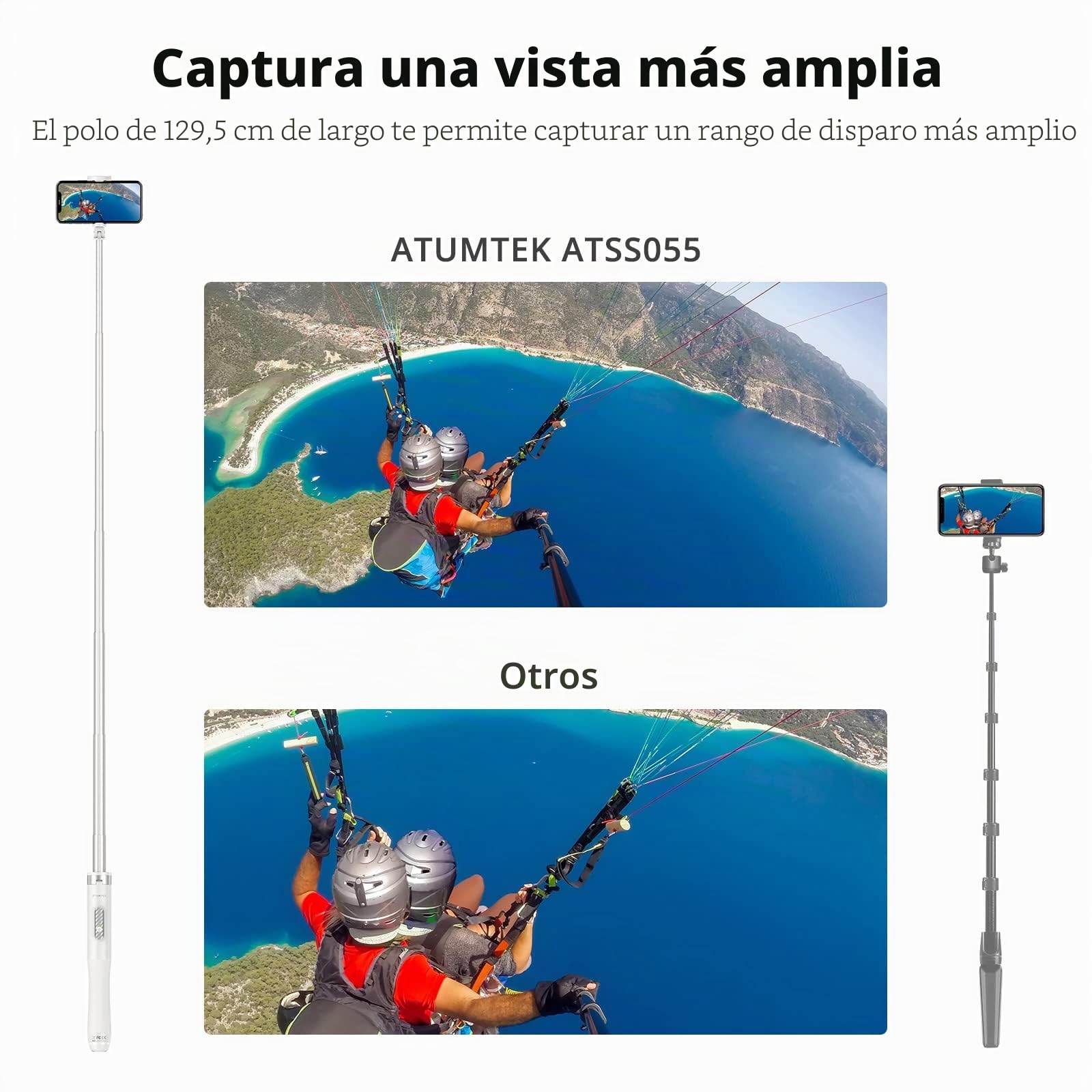 ATUMTEK 51 '' Palo Selfie trípode, Selfie Stick con Aluminio Resistente y pies Antideslizantes, trípode Smartphone TikTok para iPhone y Android, grabación de vídeo, bloging, transmisión en Directo