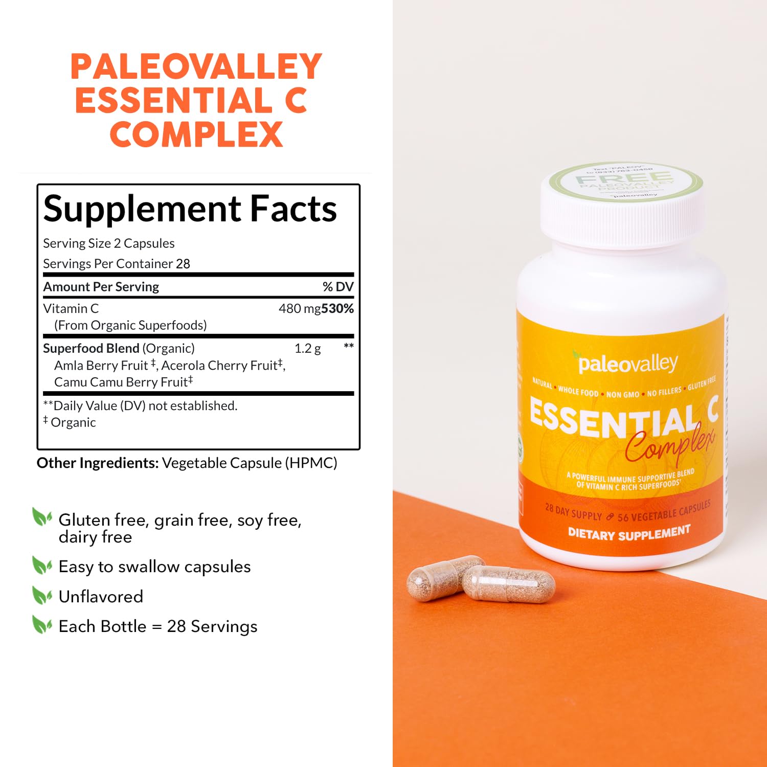 Paleovalley Essential C Complex, Whole Food Vitamin C Supplement, Organic Acerola Cherry, Camu Camu, Amla Berry, No Synthetic Ascorbic Acid, Immune Support Capsules, 450mg- Made in the USA — Amazon image 2