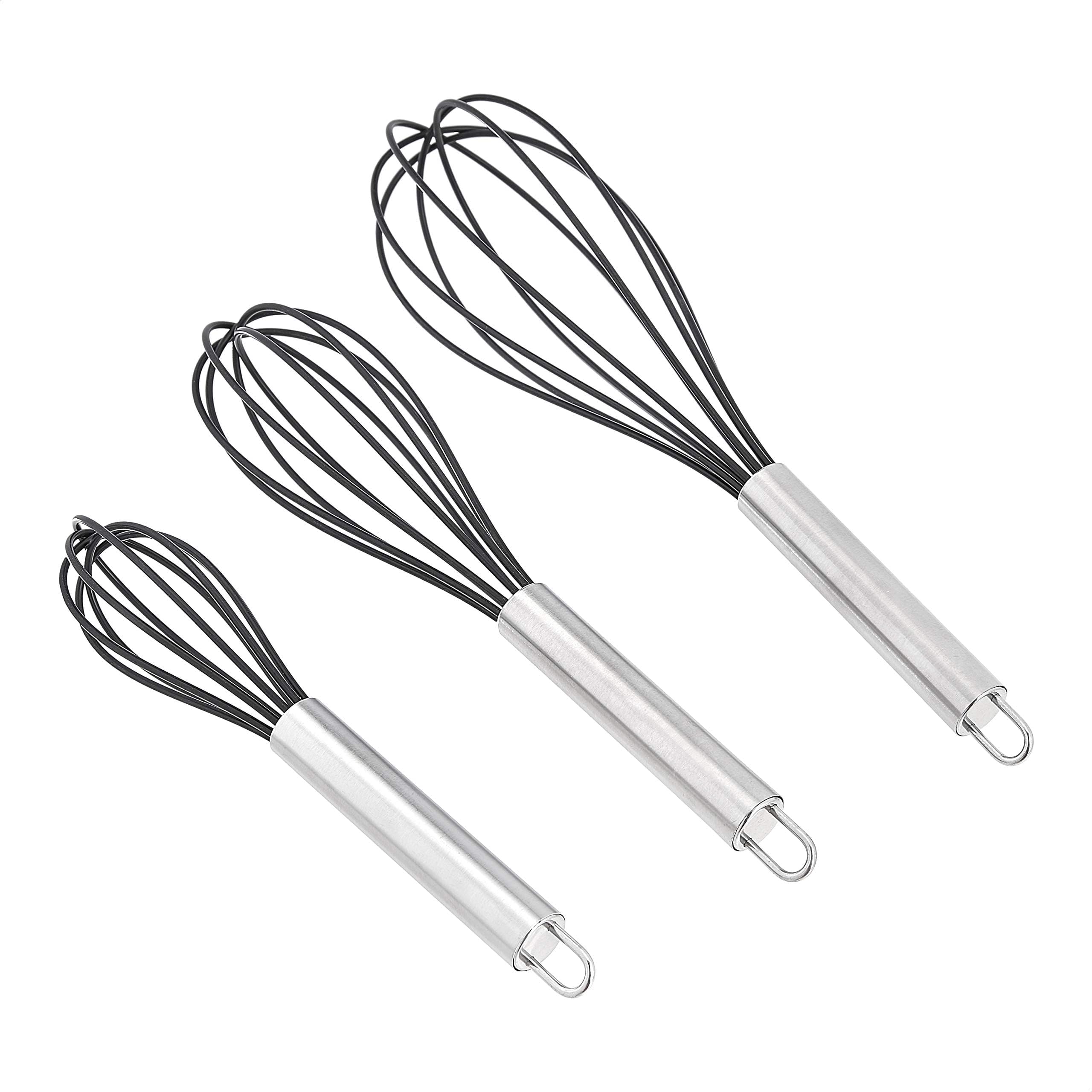 Amazon Basics Stainless Steel and Silicone Non-Stick Coated Whisk Set for Beating and Whisking, Dishwasher Safe, 8", 10", and 12", Pack of 3, Black
