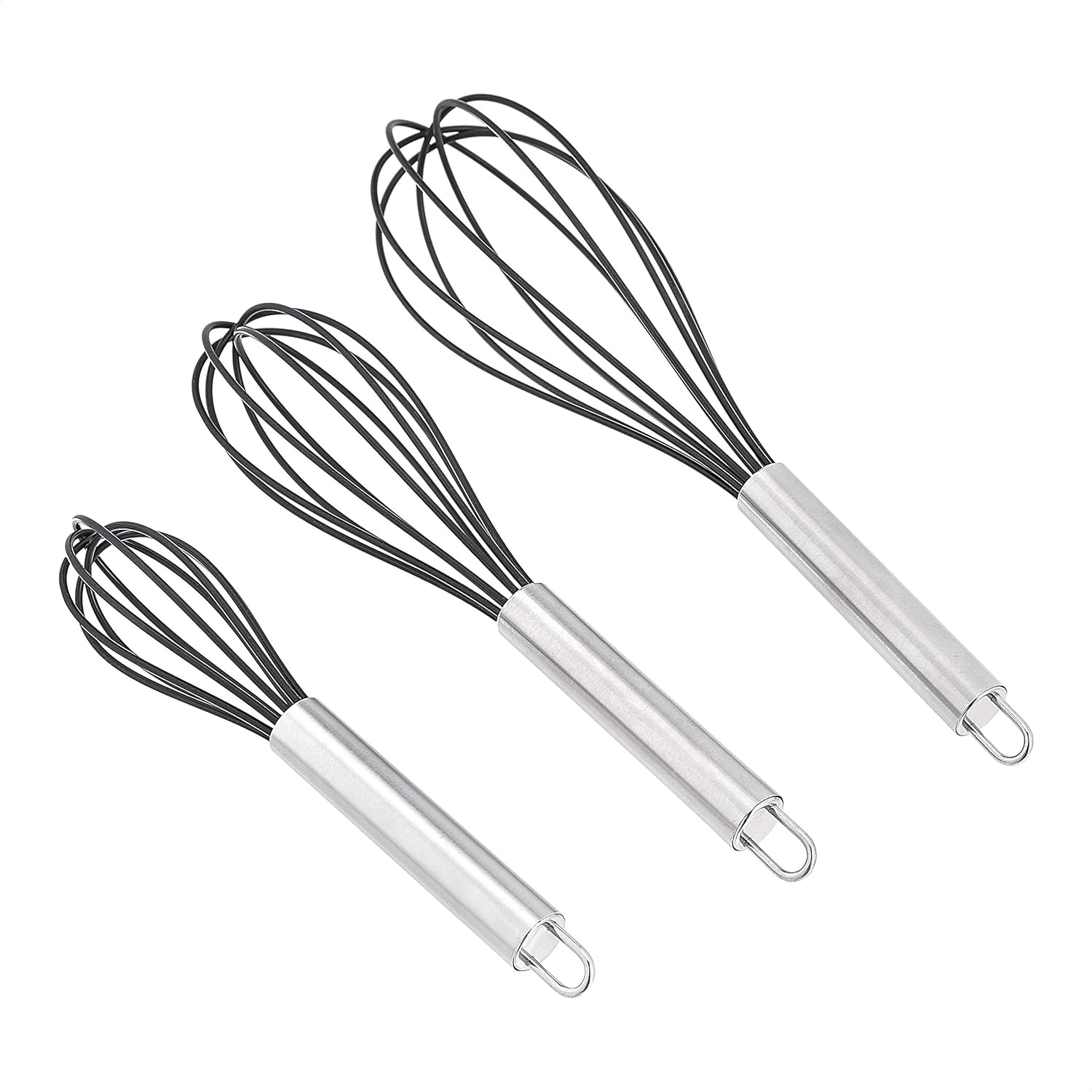 Amazon Basics Stainless Steel and Silicone Non-Stick Coated Whisk Set, 8″, 10″, and 12″, Pack of 3, Black (Previously AmazonCommercial brand)