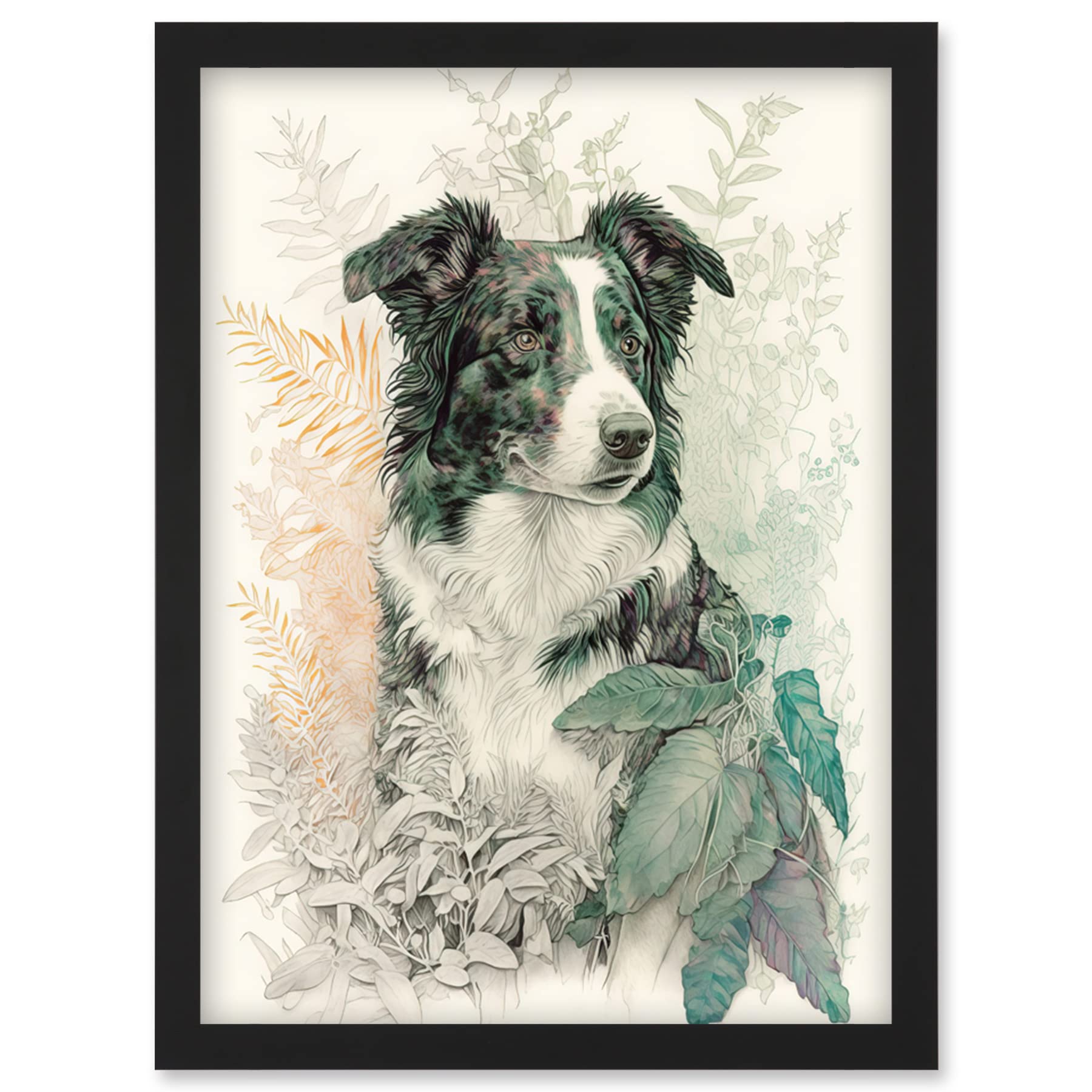 Artery8 Border Collie Dog in Field Modern Colour Pencil Portrait Illustration Artwork Framed Wall Art Print A4