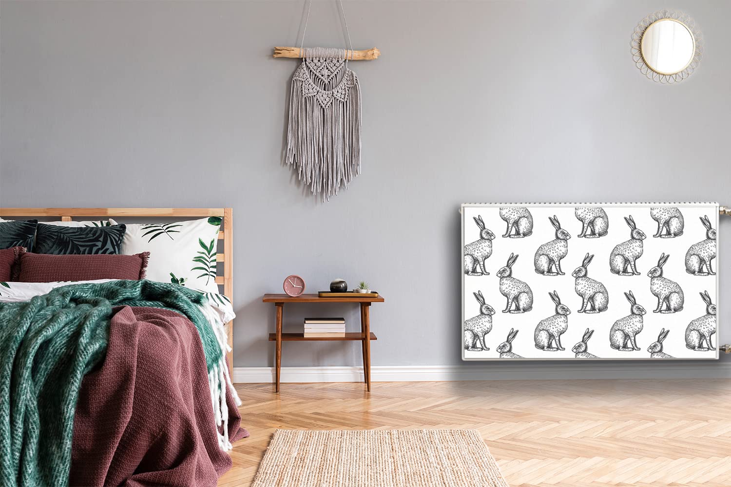 Decormat Cache Radiateur Couverture Gris Magnétique Tapis Décoratif Cache Aeration 100x60cm - Lapins Blancs