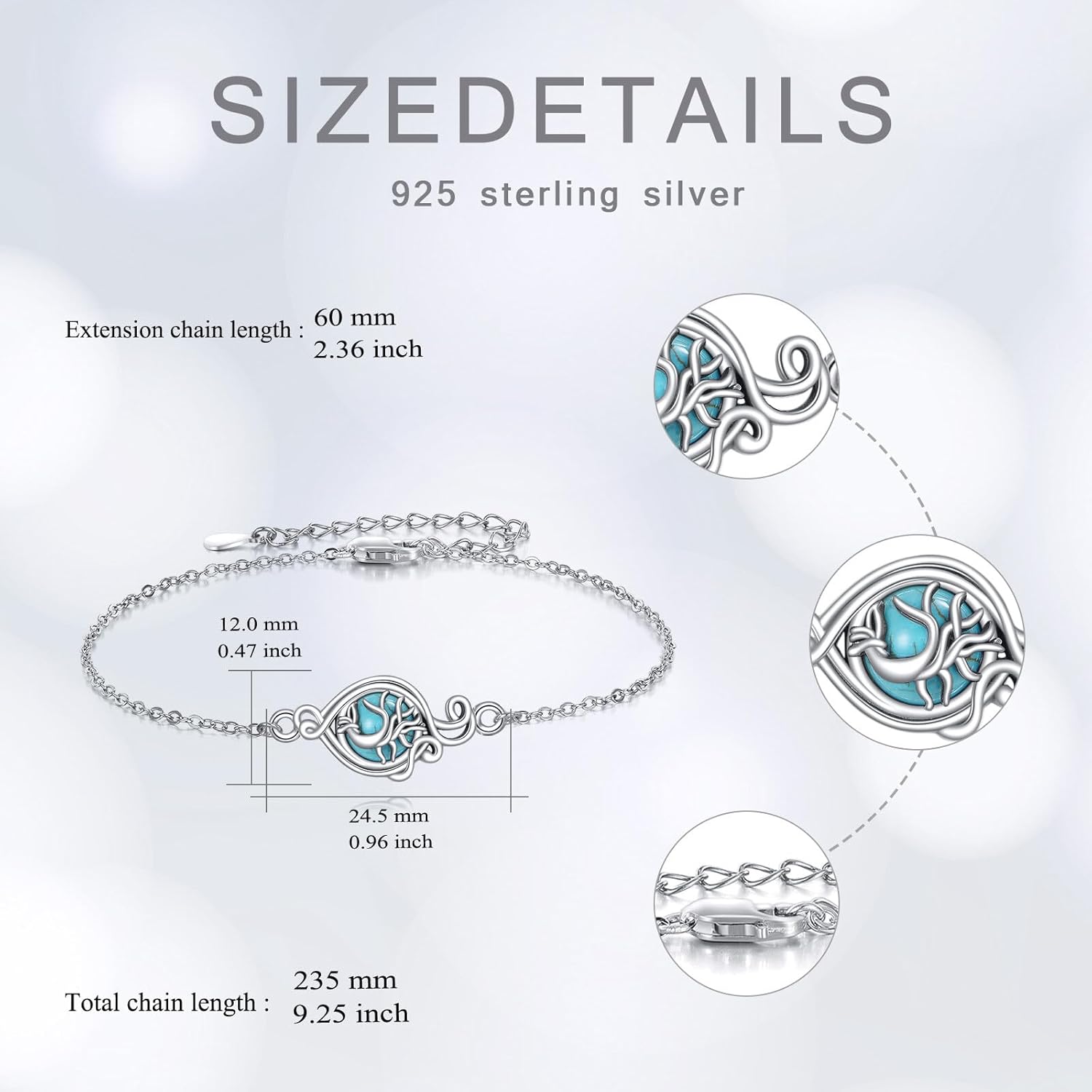 Tree of life Turquoise Bracelet 925 Sterling Silver 8mm Round Natural Turquoise Tree of life Bracelet Jewelry Gift for Women