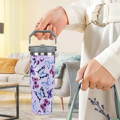 Miniatura 2 de Regalos de mariposa para mujer, vaso de mariposa de 30 onzas con asa, reutilizable, aislado al vacío, con popote abatible y asa superior, acero