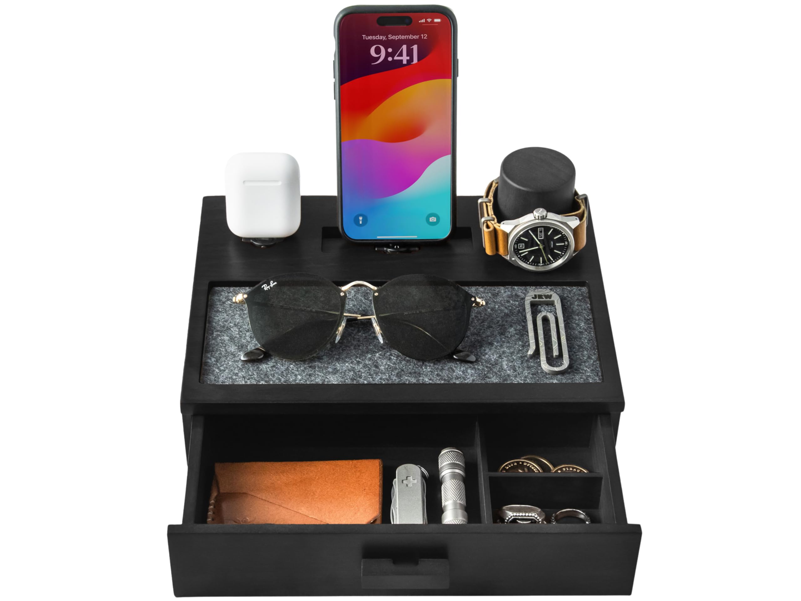 premium wooden phone docking station drawer nightstand organizer
