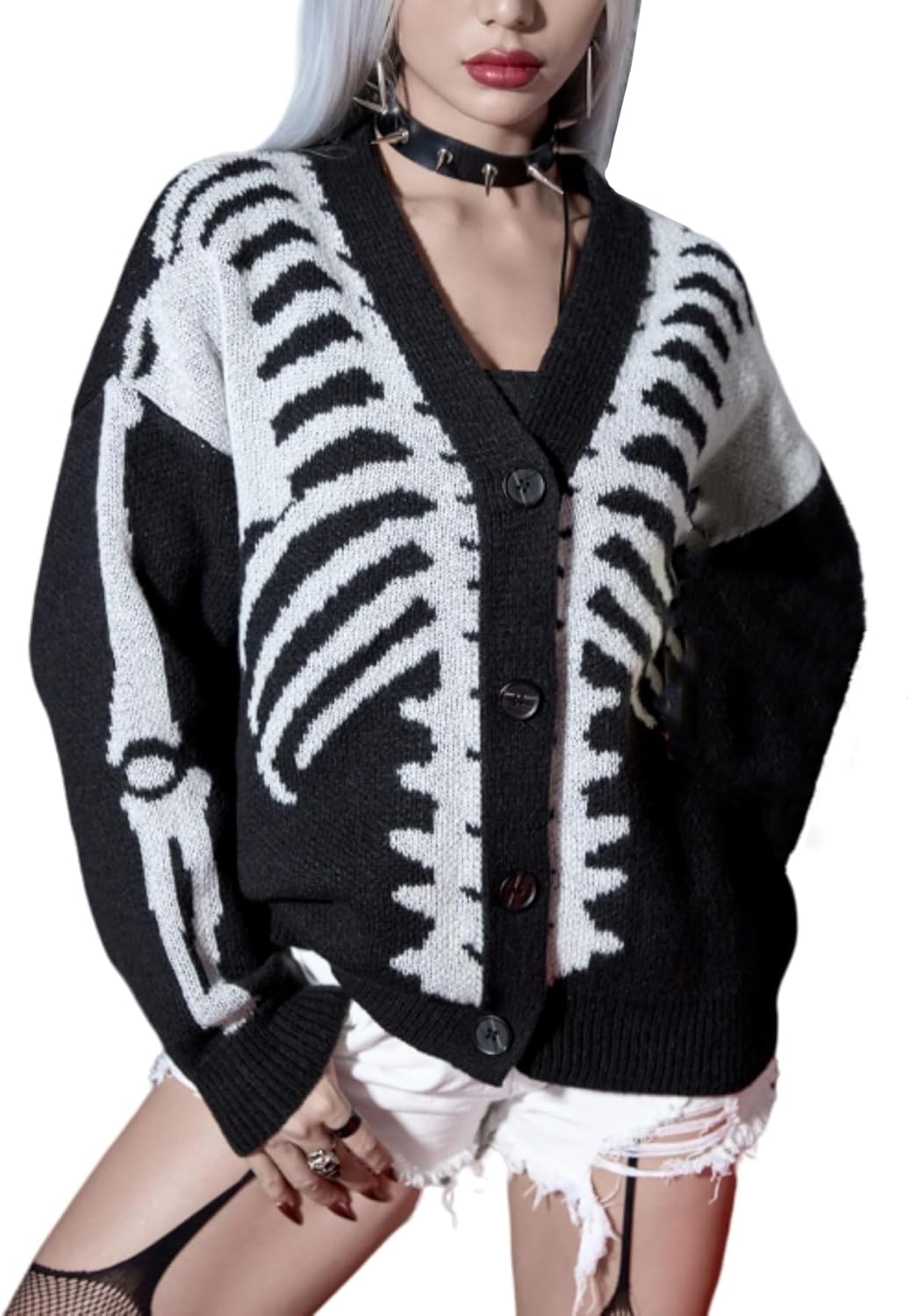 SHENHE Women's Star Print Button Down V Neck Goth Drop Shoulder Cardigan Sweater - Image 7