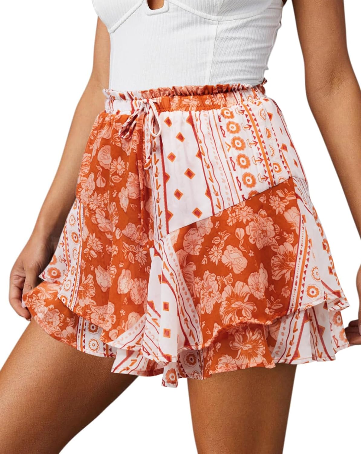 Flowy Shorts for Women Casual Cute Floral Skorts Chiffon Ruffle Tennis Mini Skirts Butterfly Summer Boho Shorts