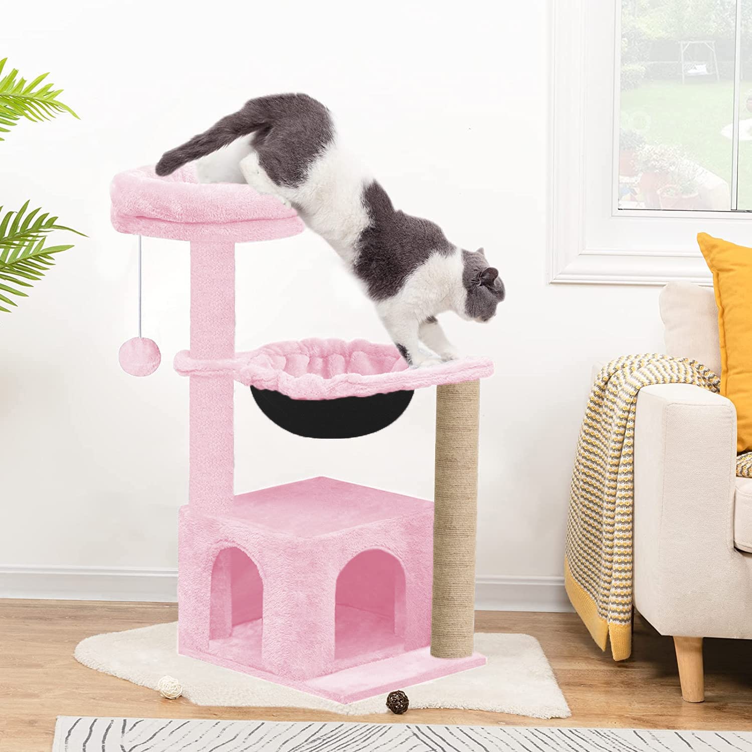 PURRWAY Soft Fur Condo Activity Cat Tree - Jute Rope Scratching Post, Hanging Ball, Hammock, Suitable for Small Cats (Condo 16 x 16 Inch) (Height 38 Inch) (Large) (Pink)(FURR71) (B0D4DLMRFW) Amazon Price History, Amazon Price Tracker