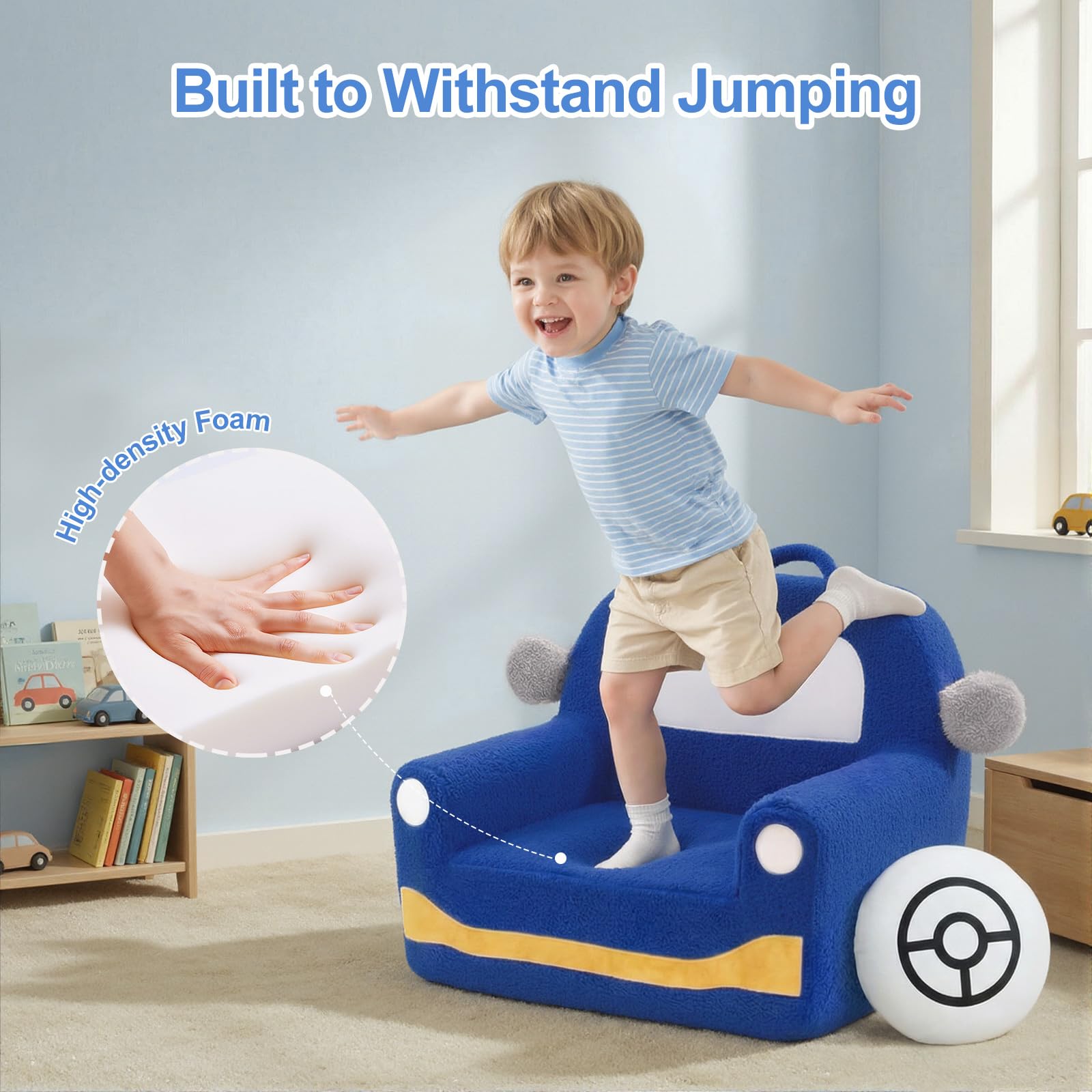 OUOZZZ Divanetto bambini 1-3 anni, poltrona poltroncina per bambini in sherpa morbido con cuscino, mini divano per cameretta， auto blu