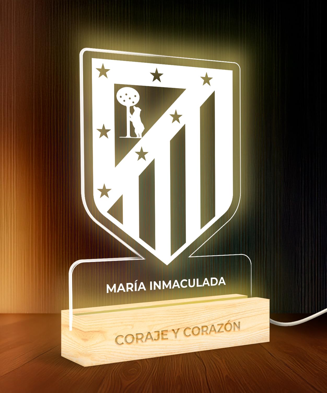 LIENZODECOR Lámpara de Mesa con Escudo del Atlético de Madrid 15x22 cm | Lamparas ideales de Mesita de Noche | Luz Nocturna Infantil con Luz Led conexión USB | Regalos Personalizados y Originales