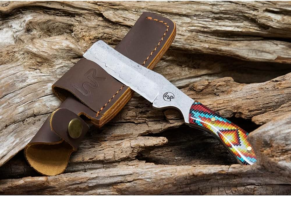 WHISKEY BENT HAT CO. Bullcutter 4 Fixed Blade Knife 440C Damascus Steel 3.5" Blade w/Leather Sheath 7" Overall Length (Warrior, 7" - Overall Length)