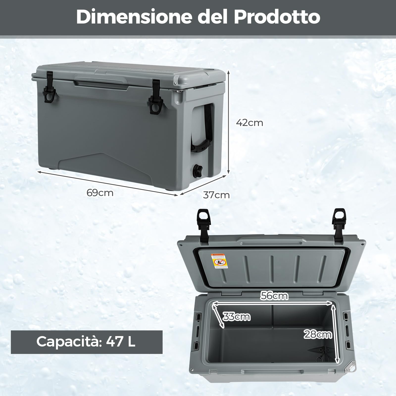 GYMAX 47L Borsa Termica Rigida Portatile, Ghiacciaia a Rotostampaggio con Portabicchieri, Righello e Apribottiglie, Ghiaccio Fino 5-7 Giorni, Frigo Passivo Anti-Perdite per Spiaggia (Grigio)