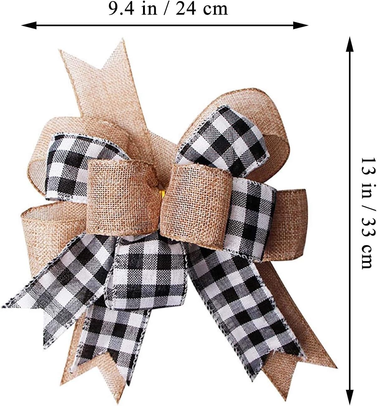 Black White Burlap Buffalo Plaid Bow Christmas Tree Topper Ornament for Christmas, Wedding, Party Decorations - Image 2
