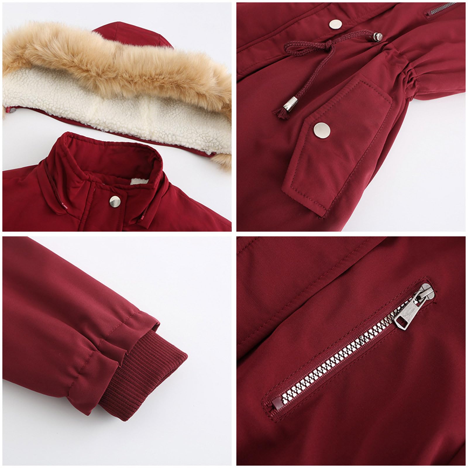 Generisch Wintermantel Damen Lang Winterjacke Elegant Parka Mantel Mit Kapuze Winterparka Mit Taschen Übergangsjacke Mit Knöpfen Windbreaker Gefüttert Teddyfell Dicker Fleecejacke Mit Reissverschluss