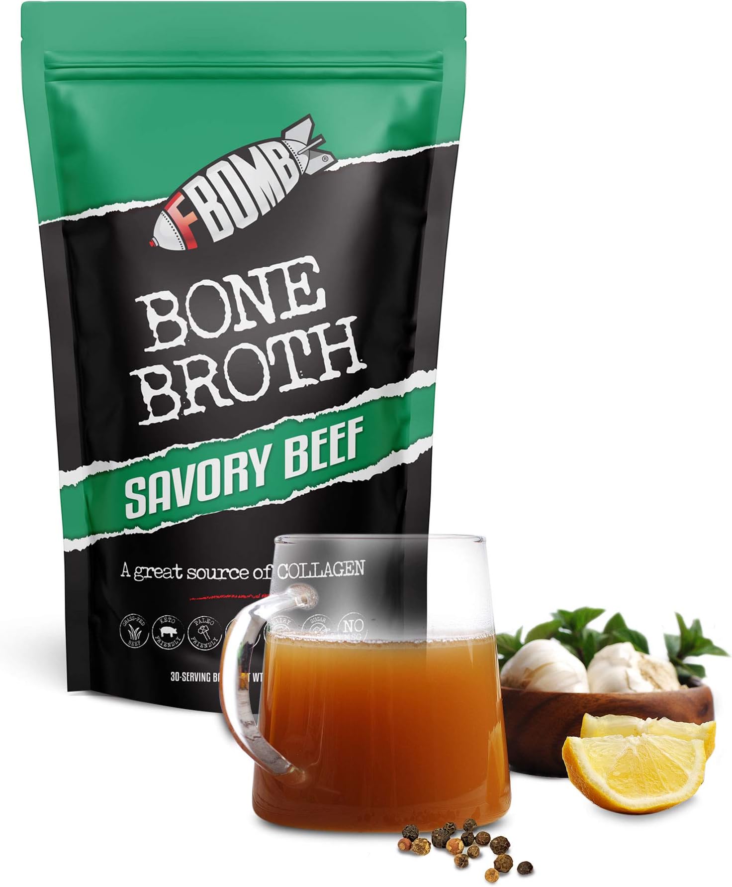 FBOMB Beef Bone Broth Protein Powder - 30 Servings: Keto & Paleo Friendly Soup, Fortified with Electrolytes & Collagen | Grass-Fed, Pasture Raised Beef | Dairy-Free, Gluten Free, Non-GMO | Savory