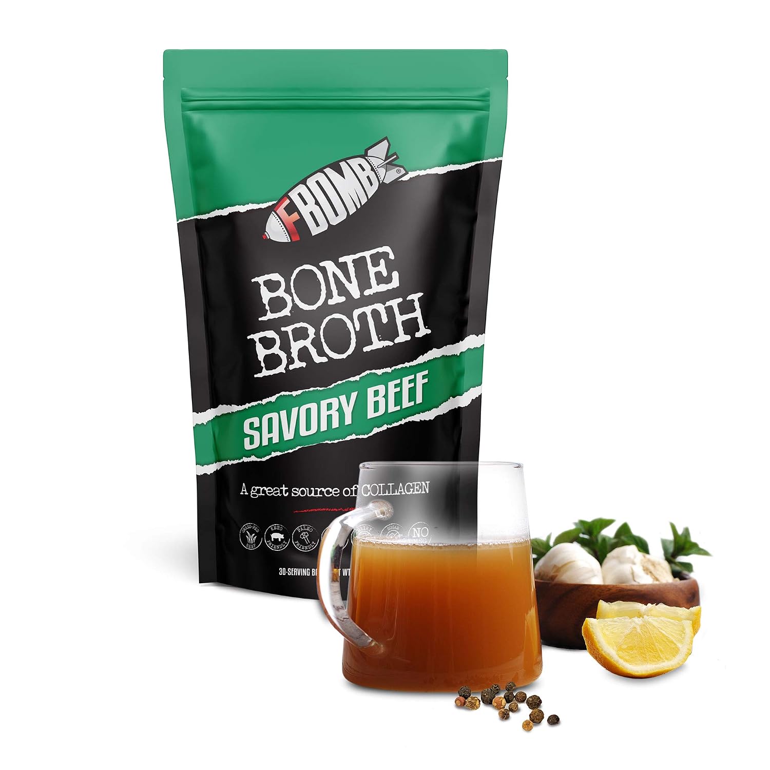 FBOMB Beef Bone Broth Protein Powder - 30 Servings: Keto & Paleo Friendly Soup, Fortified with Electrolytes & Collagen | Grass-Fed, Pasture Raised Beef | Dairy-Free, Gluten Free, Non-GMO | Savory