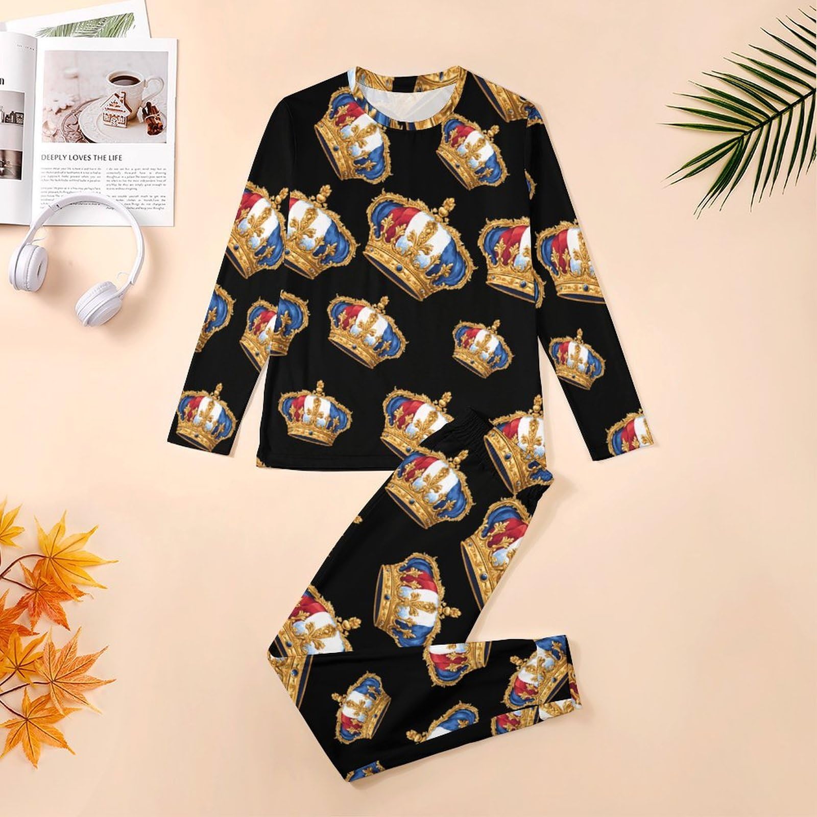 French King - Conjunto de pijama para hombre, cuello redondo, 2 piezas, manga larga, suave, transpirable para todas las estaciones