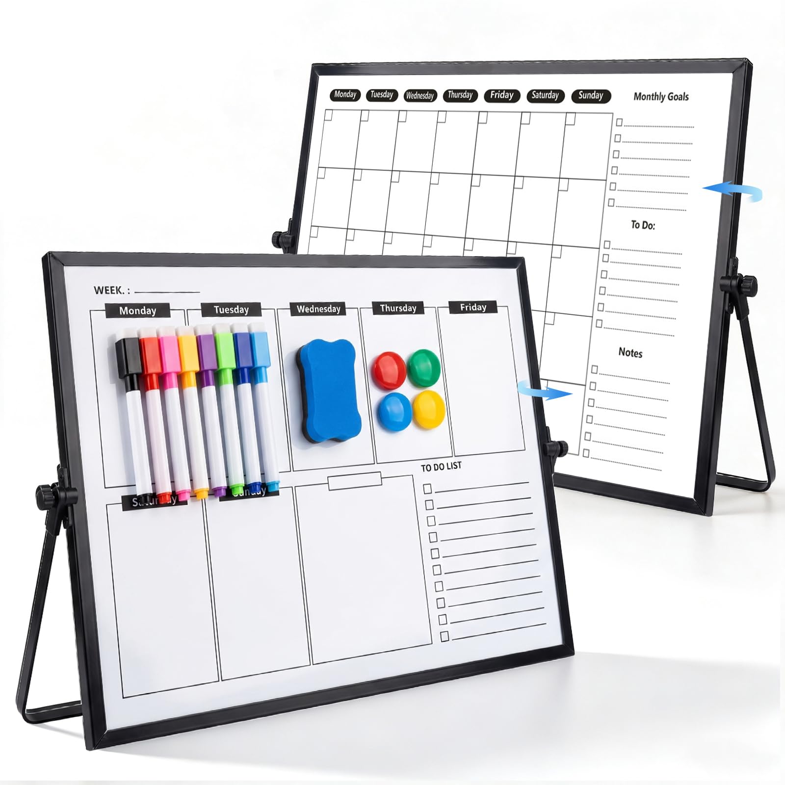 KQWVZ Double Sided Whiteboard Calendar, 40 x 30 cm Dry Erase Whiteboard with Stand, Weekly Double-Sided Desktop White Board, with 8 Markers, 4 Magnets and 1 Eraser, for Planning, to Do List