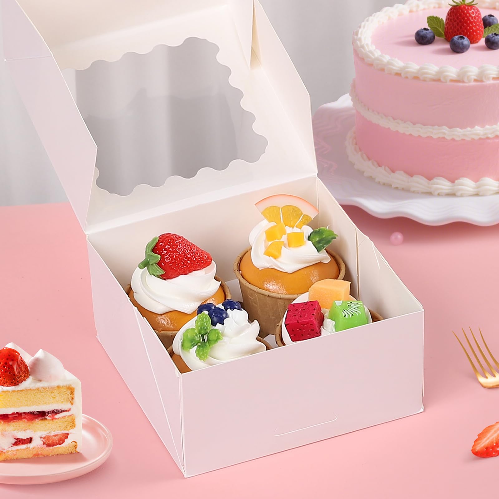 pupuluck 26 Pcs Cupcake Boxes 4 Hole with Window Dessert Cup Cake Boxes (15.2x15.2x7.5cm) Thick Paper No Folding Required Cupcake Box for Donuts Chocolate Cake Dessert - Image 3