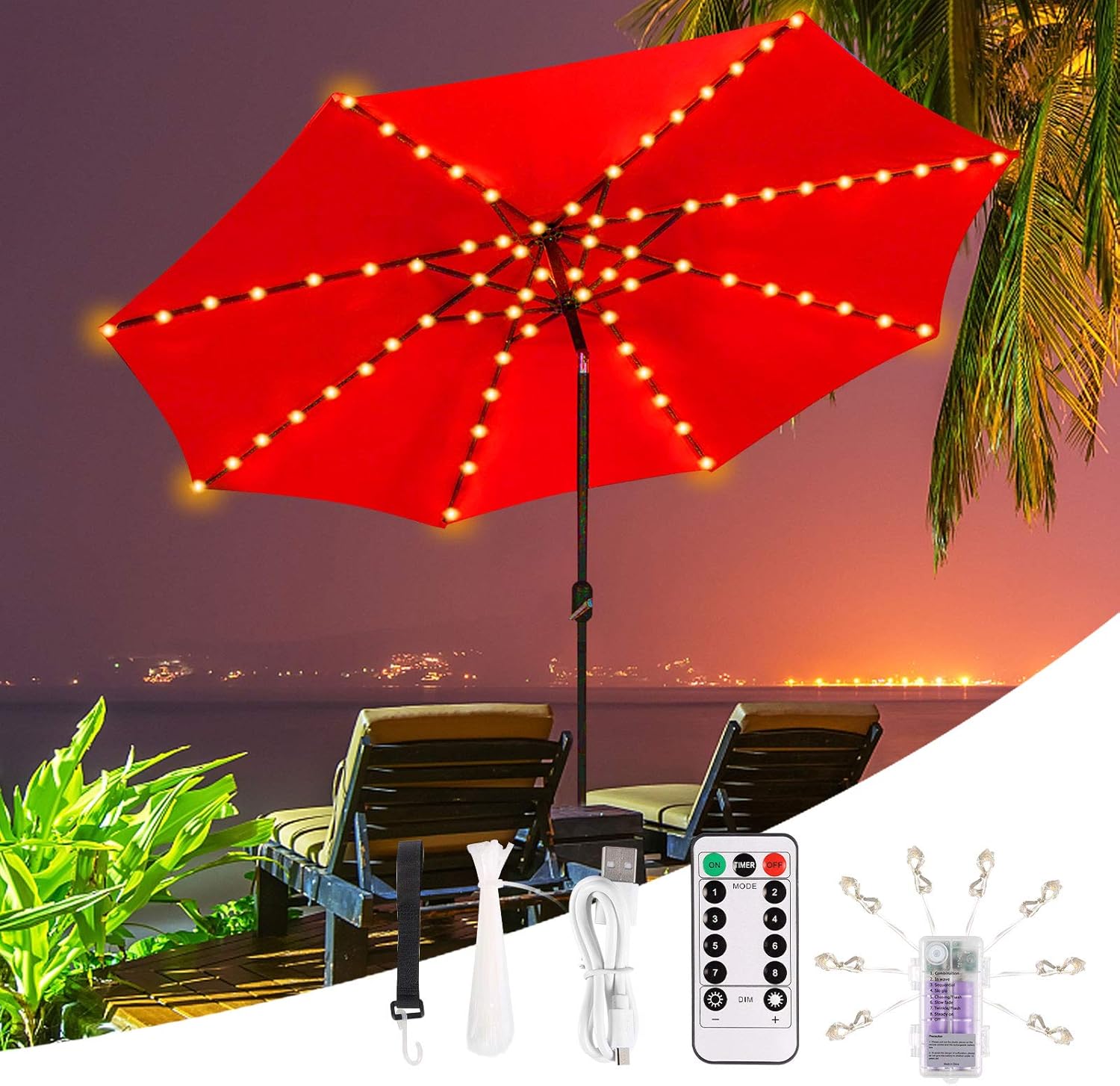 GreenClick Patio Umbrella Lights Rechargeable 104 LED Battery Operated Parasol String Lights with Remote Control & Timer 8 Lighting Mode Waterproof Umbrella Pole Lights for Patio Camping Tents - - 