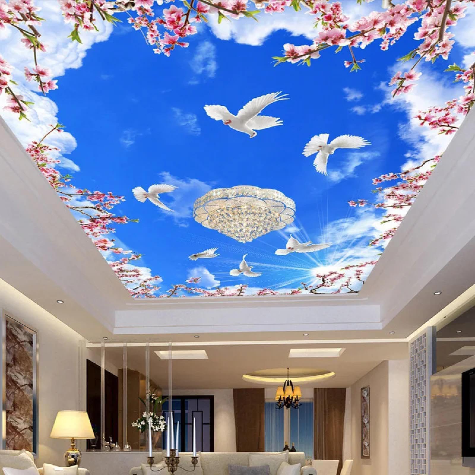 Papier peint plafond 3D ciel bleu cerisier colombes blanches pour salon et chambre