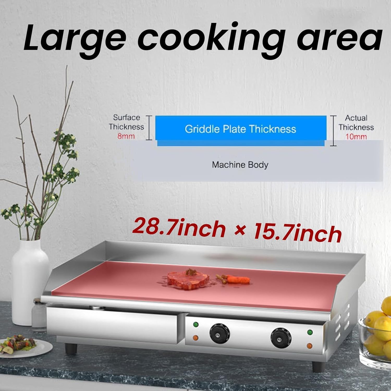 Plancha eléctrica de sobremesa de 29 pulgadas, parrilla plana antiadherente de acero inoxidable con calor ajustable.