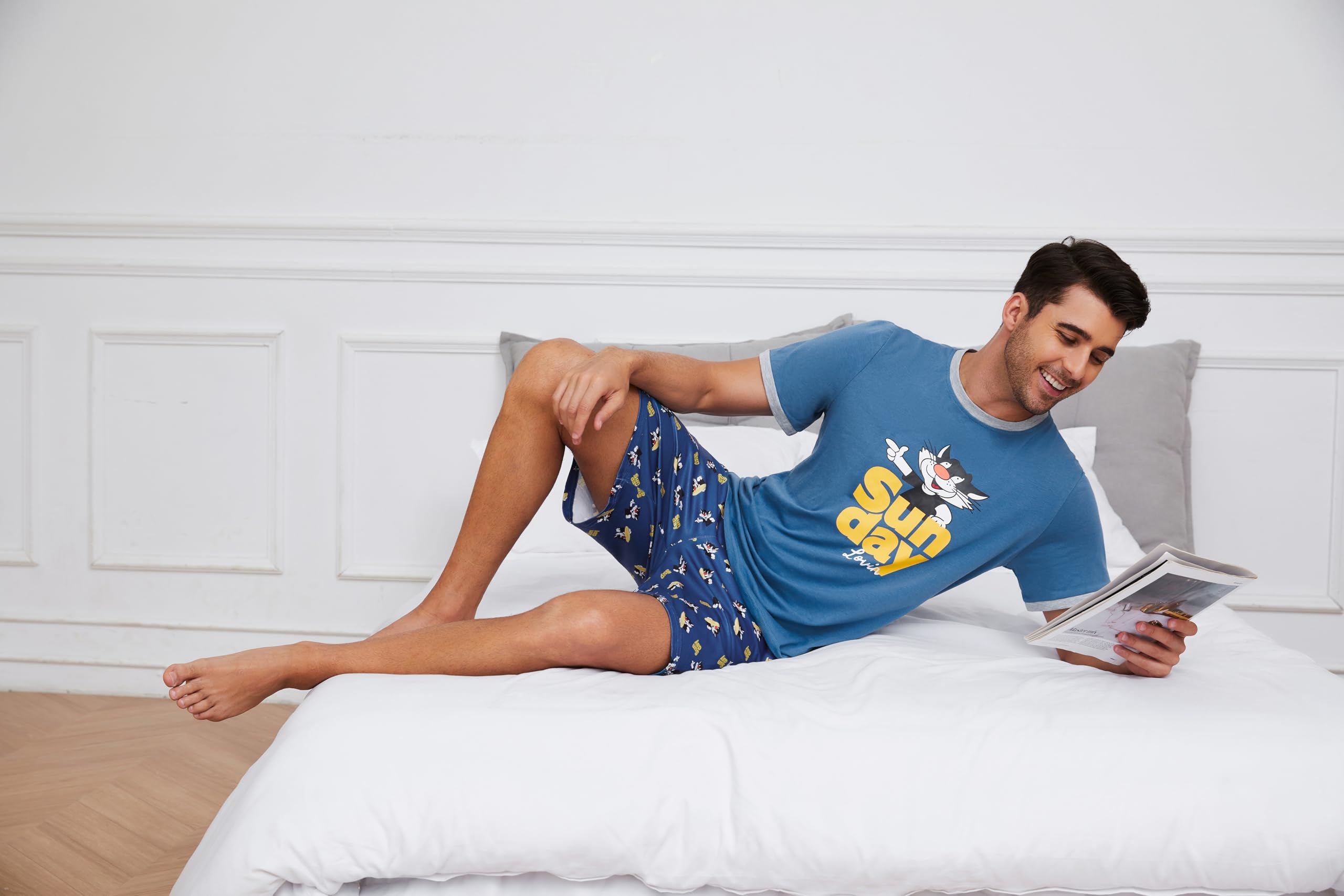 Demegimi Pijama Hombre Algodón Pijama de Verano Divertido Hombre Conjunto Pijama Hombre Verano Manga Corta Pijamas para Mangas Camiseta Cortas con Bolsillos