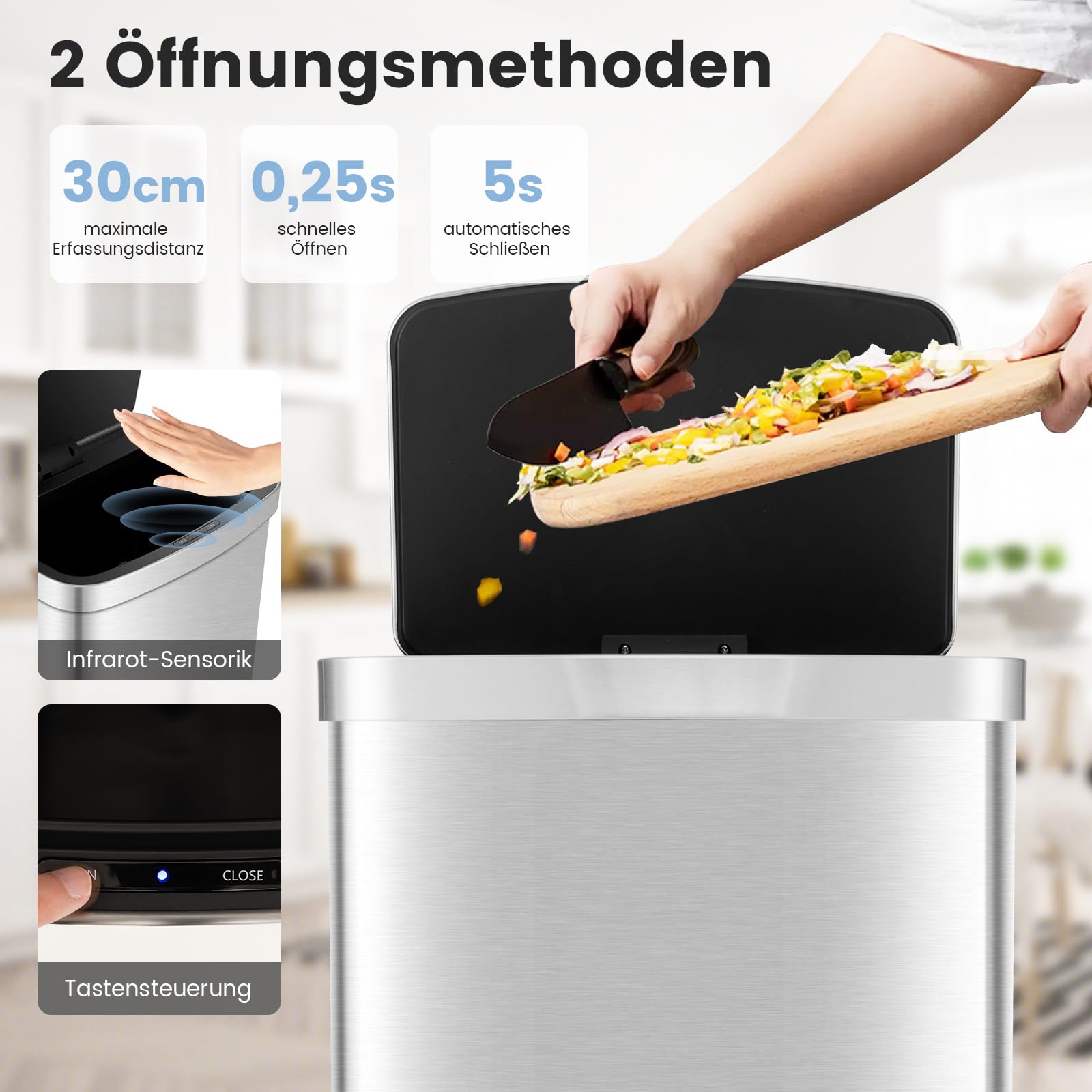 COSTWAY 50L Mülleimer mit Sensor, Abfalleimer Automatisch mit Deckel, Müllbehälter aus Edelstahl und Kunststoff, Mülleimer Küche für Badezimmer Schlafzimmer, Bad, Büro