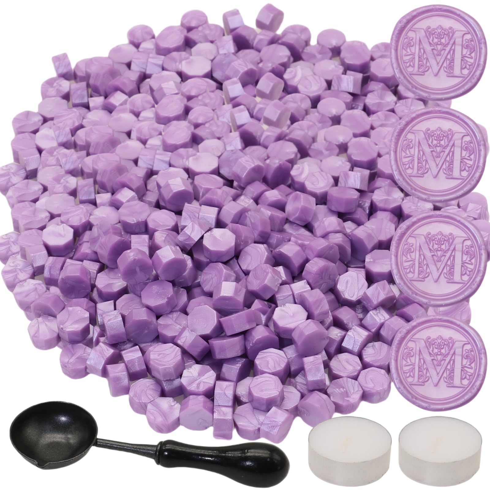 300Pcs Wax Seal Beads Set with Non-Slip Melt Spoon and Candles, Light Purple Sealing Wax Pellets Bead Great for Seals Stamp,Wedding Invitations, Xmas Gift, Envelope Seal (Lilac Purple)