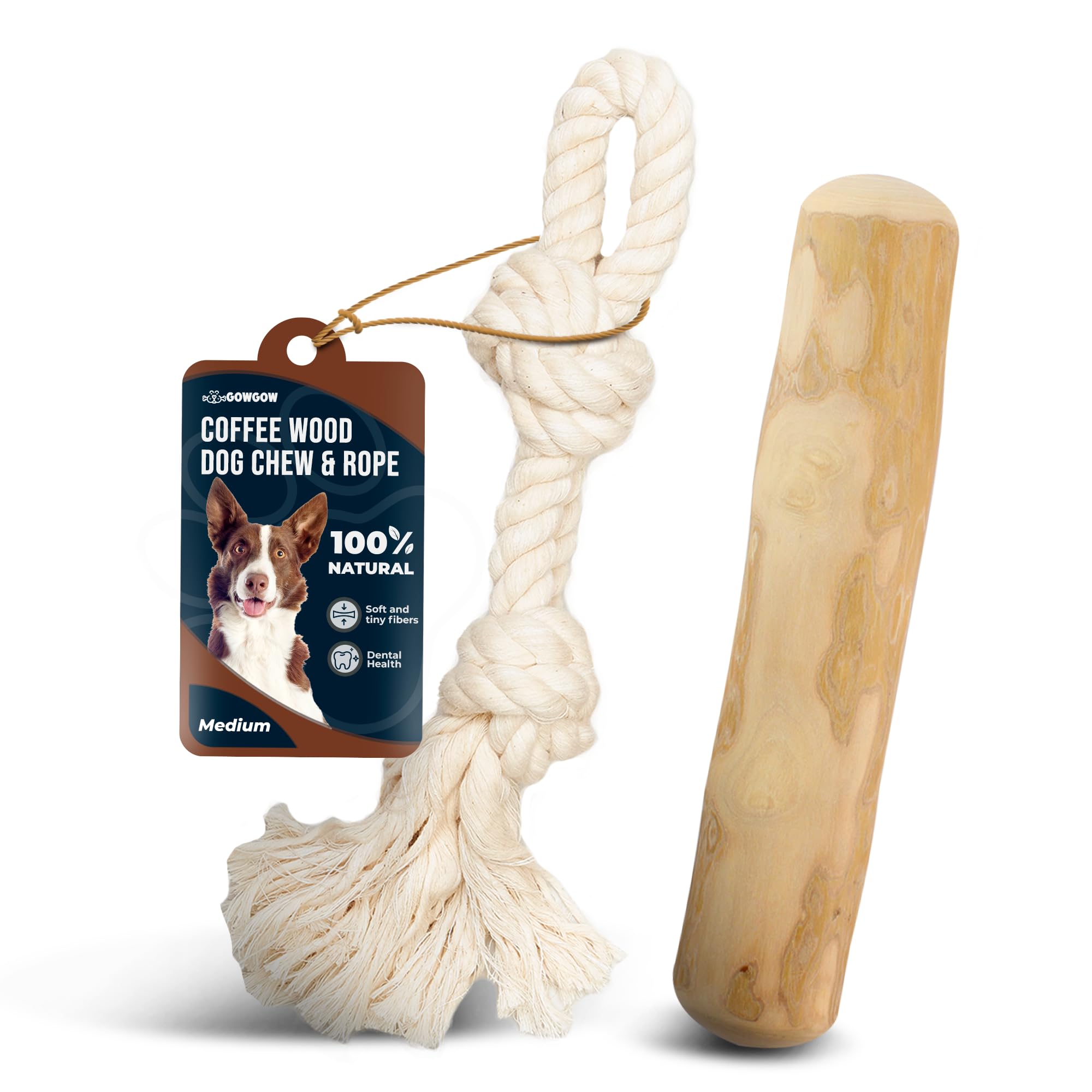 GOWGOW Coffee Wood Chew and Cotton Rope Toy Medium